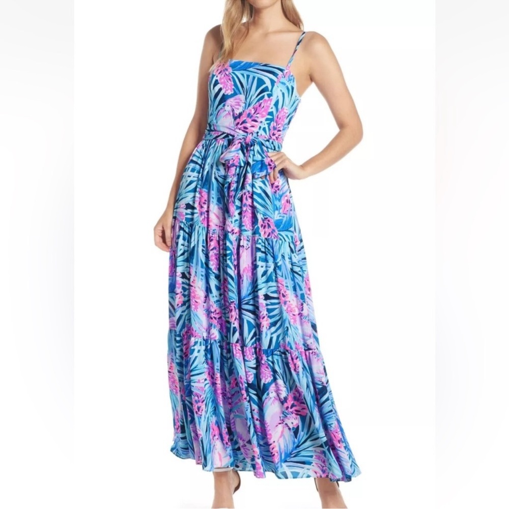 Lilly Pulitzer Blue Pink Tropical Print Maxi Dress - Picture 2 of 9